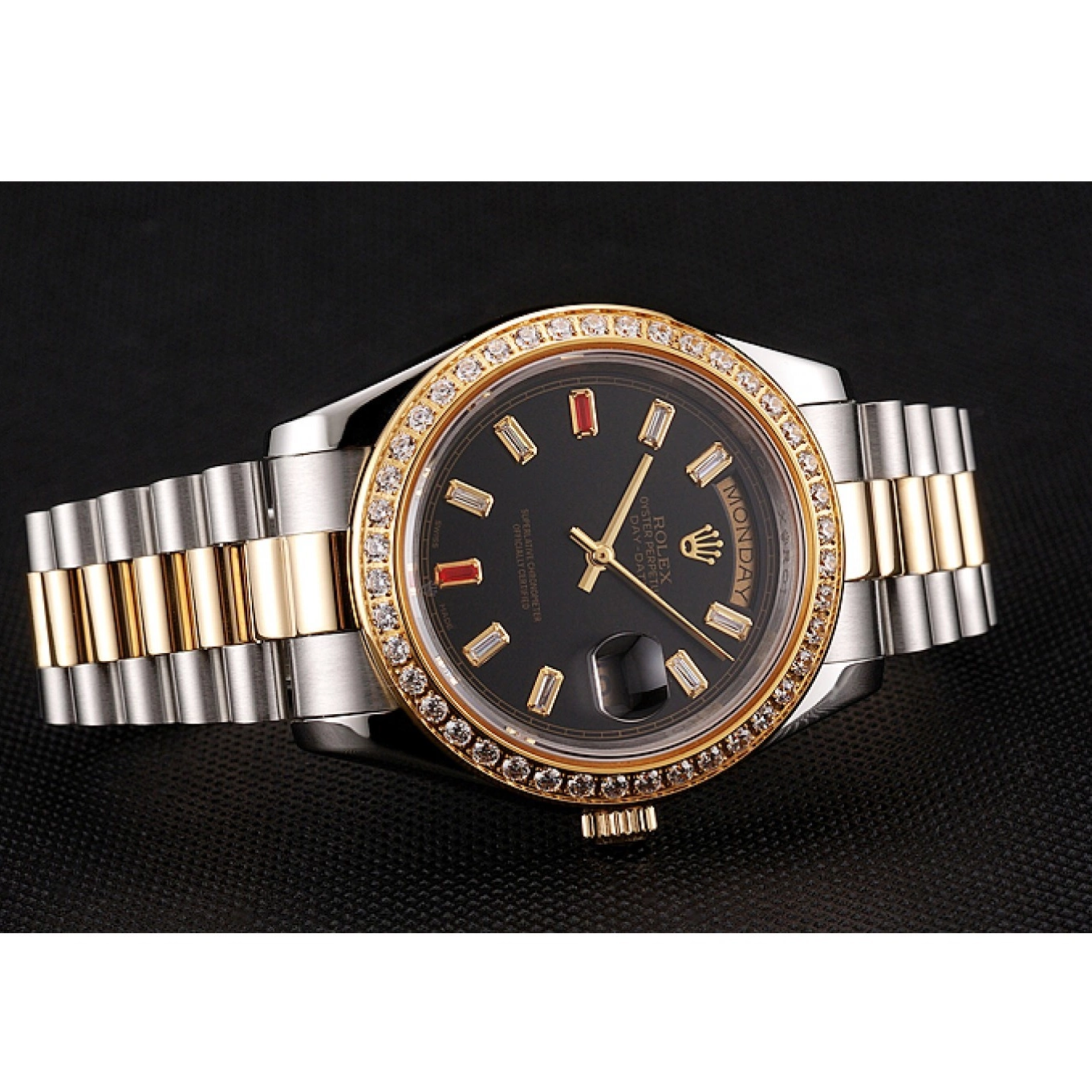 Good copy rolex watches Dial Black 1454105 Rolex Two Day-Date Rubies And Diamonds Bracelet Swiss Tone 0717